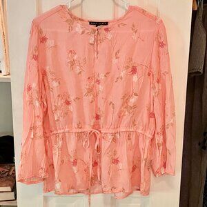 Como Black Peasant Blouse, Size L, Flower Pattern Pink